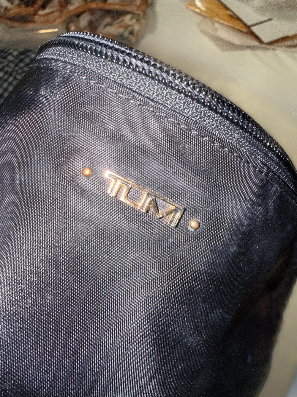 Tumi Black Nylon Zip Pouch with Gold Hardware
